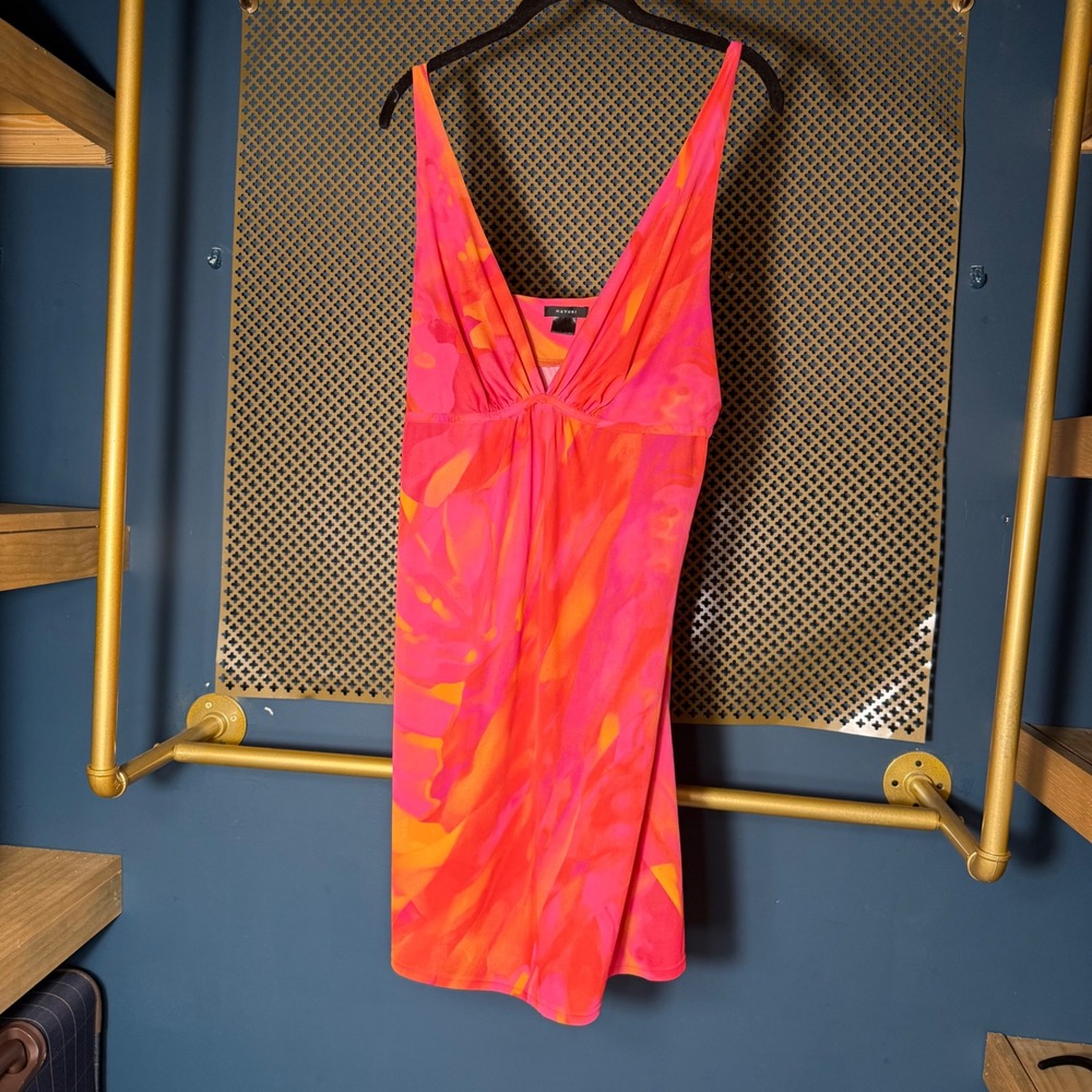 Natori Pink Orange Tropical Abstract V-Neck Mini Dress Women's Medium GUC